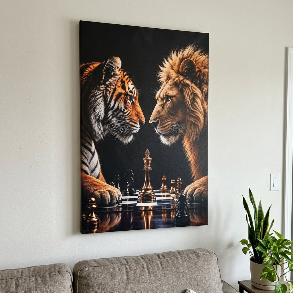 Cuadro tigre y león ajedrez en sala