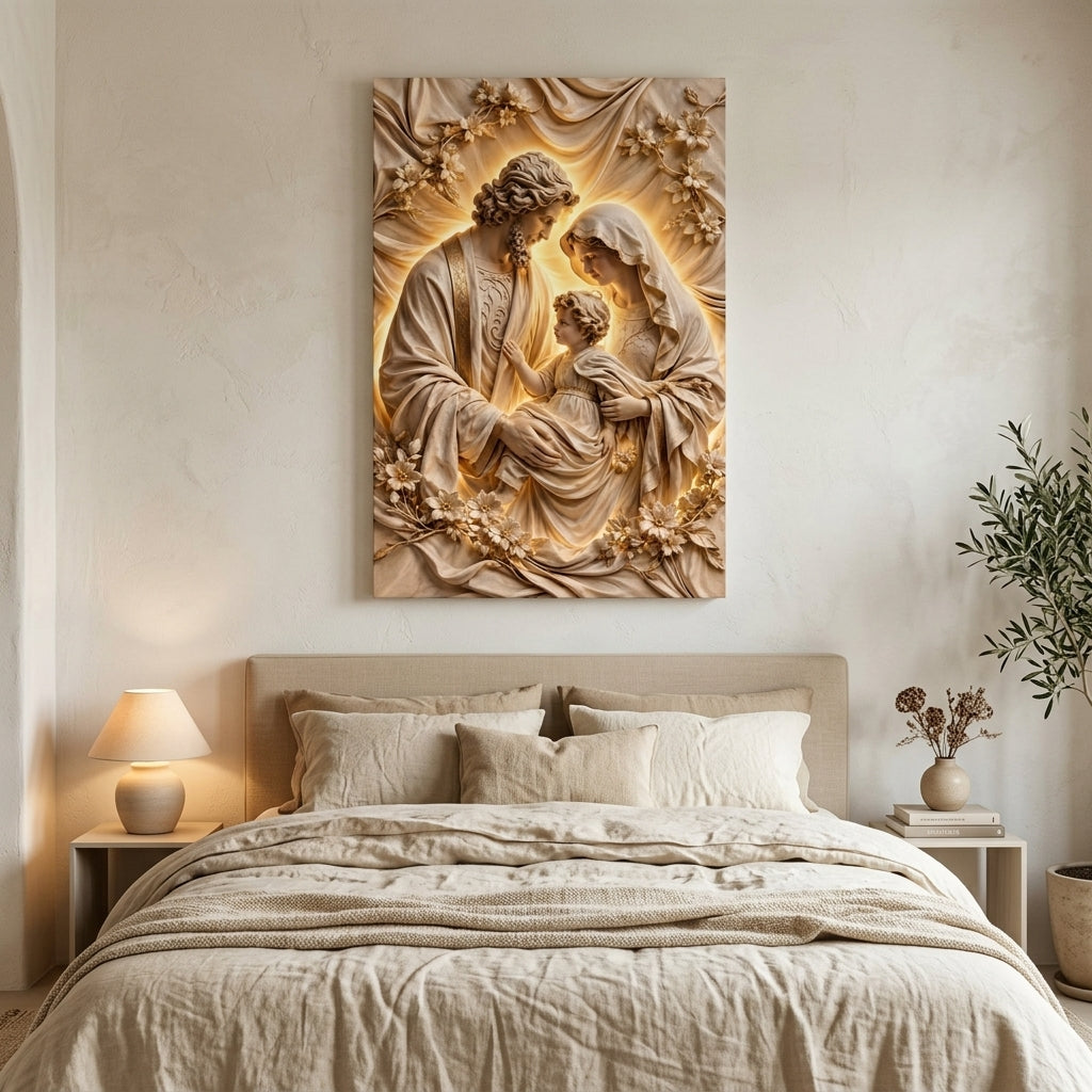 Cuadro Sagrada Familia Relieve Dorado – Exclusivo